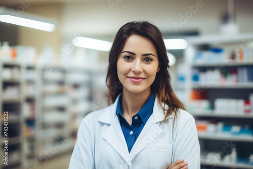 Smiling cheerful confident pharmacist in drugstore store shop Generative AI