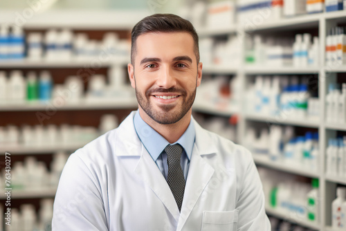 Smiling cheerful confident pharmacist in drugstore store shop Generative AI