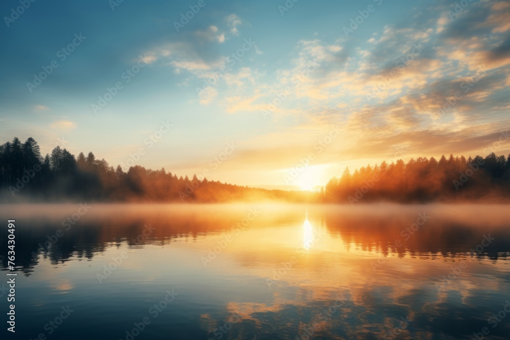 Sunrise sky background over a calm lake with mist rising
