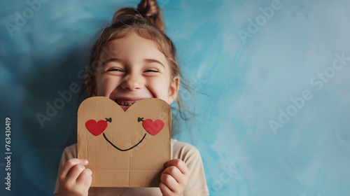 A little girl, smiling with her mouth open, holds in her hands a cardboard love smile with hearts instead of eyes, covering part of her face with them. World emoji day. Anthropomorphic smile Face photo