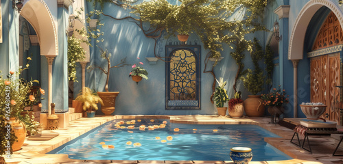 A hidden courtyard inside the navy blue elf palace with a serene pool and architectural details a peaceful retreat in the desert oasis under a gentle peach morning sky