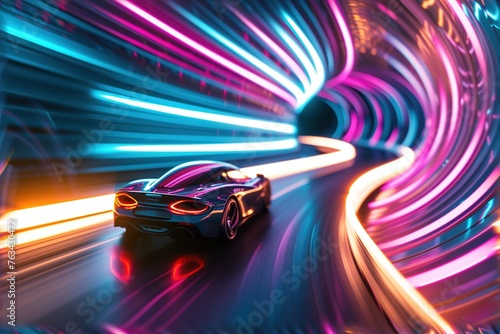 Car emerging from a dark tunnel, the world outside exploding into color and light with motion blur blurring the tunnel exit.