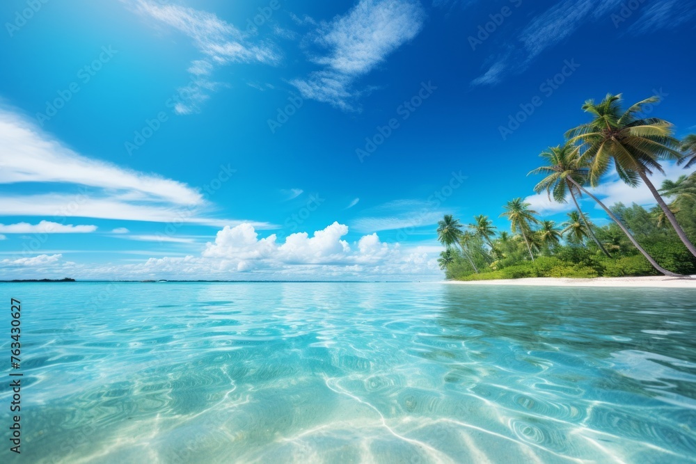 Tropical paradise sky background with palm trees and a crystal-clear sea