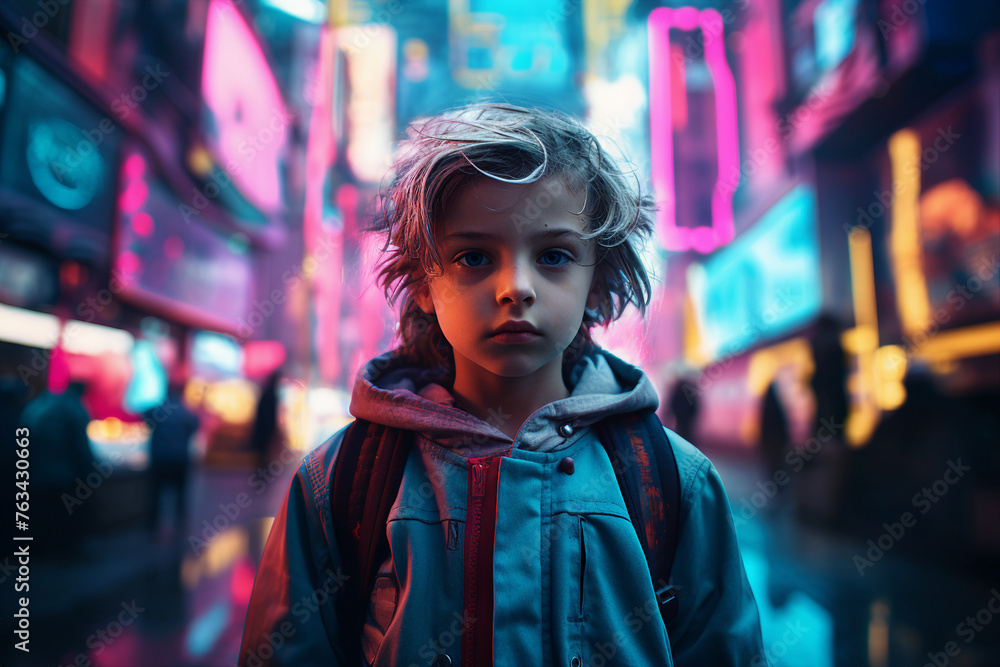 Designed with generative ai picture of happy cheerful child in a futuristic modern neon space city