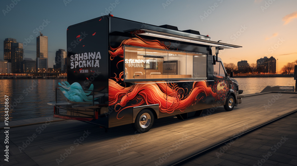 A  mockup of a sushi food truck with a sleek design, parked near a waterfront.