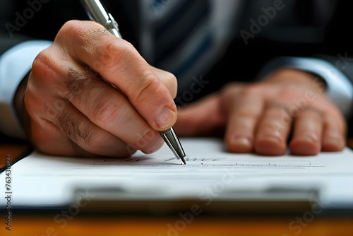 Signing Contracts: A Close-up Demonstration of Business Professionalism and Expertise. Concept Business Attire, Document Signing, Handshake Etiquette, Reviewing Terms, Professional Conduct photo