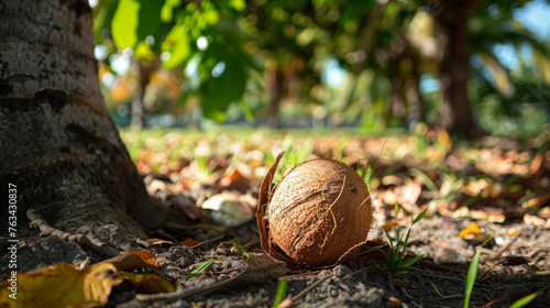 A brown coconut lies on the ground by a palm tree.