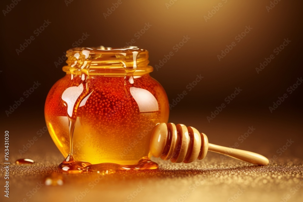 Jar of honey with a wooden spoon next to it Jar of honey with a wooden spoon next to it