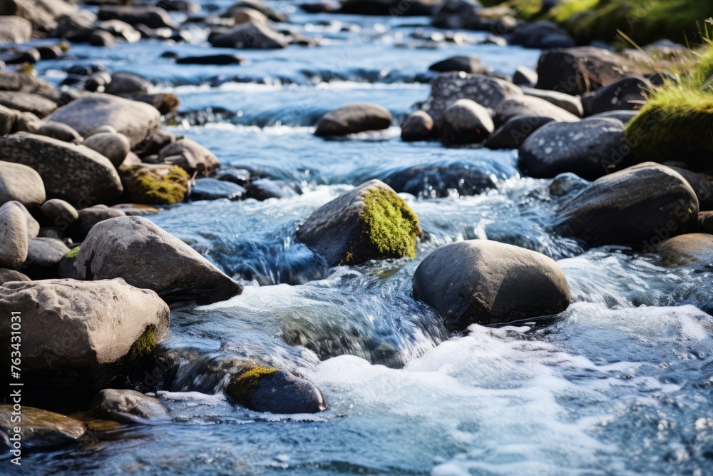 A clear mountain stream flowing over smooth rocks, representing the purity and importance of natural water sources A clear mountain stream flowing over smooth rocks, representing the purity and importance of natural water sources