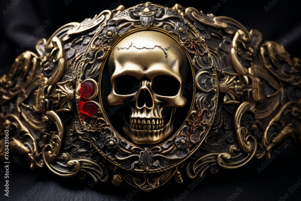 A close up of a pirate's distinctive and intricately detailed belt buckle, reflecting their personal style and identity A close up of a pirate's distinctive and intricately detailed belt buckle, reflecting their personal style and identity