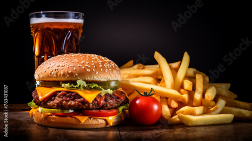 A  photograph of a classic fast-food combo meal with a cheeseburger, golden crispy fries, and a refreshing soft drink, highlighting convenience.