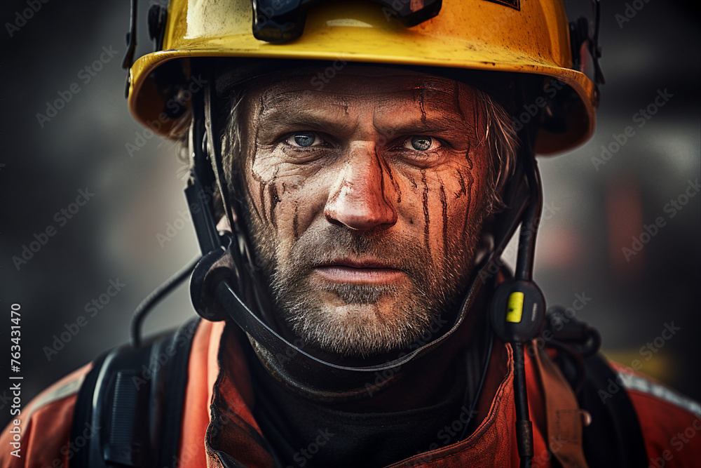 Generative AI image of rescuer searching peeople to evacuate from ruined house Generative AI image of rescuer searching peeople to evacuate from ruined house