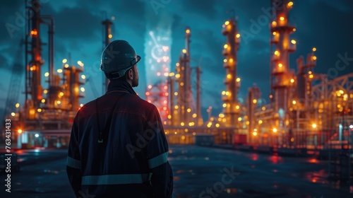 Industrial Vision at Dusk, engineer stands before a vibrant oil refinery, his gaze fixed on the illuminated industrial landscape, reflecting ambition and industry progress photo