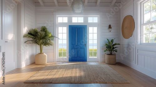 Coastal Entryway Elegance, bright and welcoming coastal style entryway with a striking blue door, natural light, and plants, offering a serene and inviting atmosphere photo