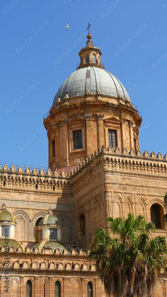 Palermo Cathedral in the sunshine.  Detail of cuplola