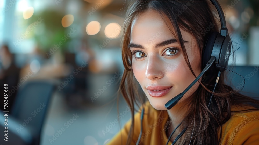 Friendly Customer Service Representative, friendly brunette customer service representative with a headset smiles warmly, providing professional assistance in a modern office environment Friendly Customer Service Representative, friendly brunette customer service representative with a headset smiles warmly, providing professional assistance in a modern office environment