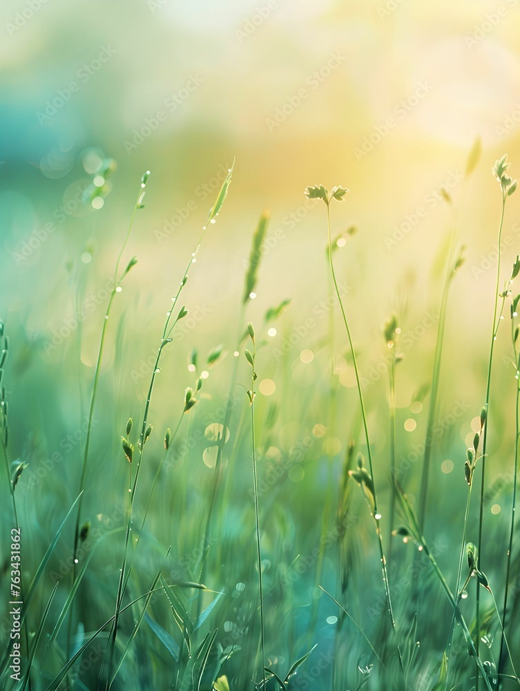 A tranquil scene of fresh meadow grass glistening with morning dew, illuminated by the soft light of sunrise.