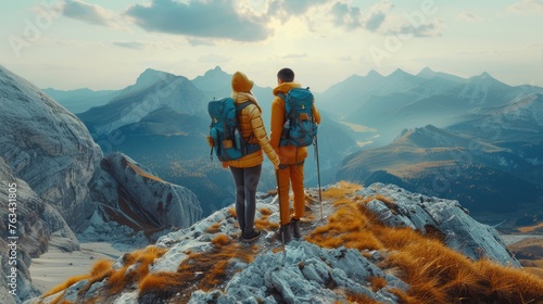 Couple Gazing at Mountain Vista, couple in matching yellow jackets with backpacks stand hand-in-hand, gazing out over a breathtaking mountain range, symbolizing companionship