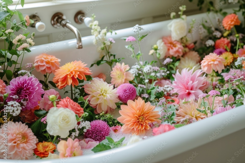 Bathroom with a bathtub filled with different flowers creating romantic relaxing atmosphere in spa salon, body care and mental health routine concept, flower show Bathroom with a bathtub filled with different flowers creating romantic relaxing atmosphere in spa salon, body care and mental health routine concept, flower show