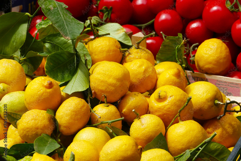 Sicilian lemons and tomatoes for sale in the market.  Palermo