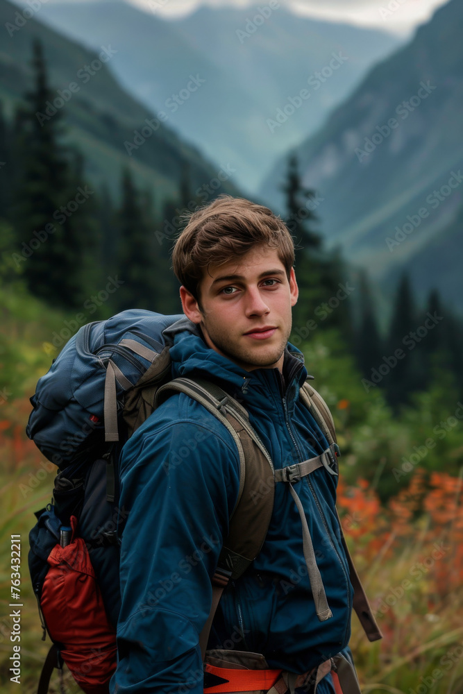 Obraz premium Hiker Taking a Moment to Hydrate on Nature Trail 