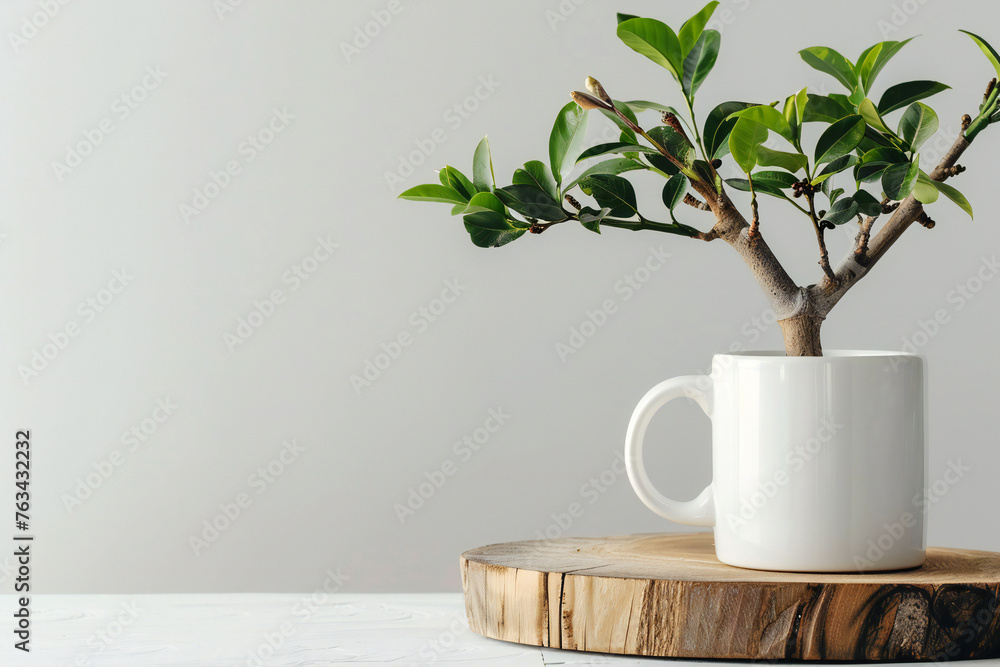 national arbor Day coffee mug, white ceramic mug and plant on white background national arbor Day coffee mug, white ceramic mug and plant on white background