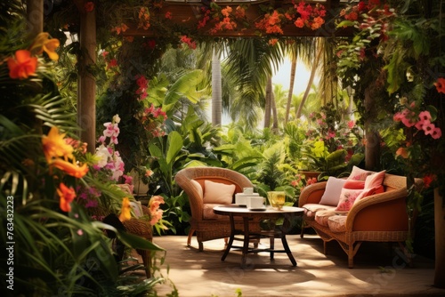 A tropical garden oasis with glasses of rum punch placed amidst vibrant flowers and foliage  an idyllic escape