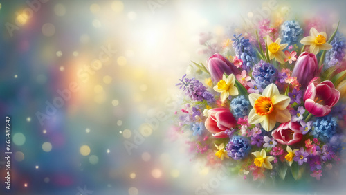 Piękny wiosenny baner, kwiatowe tło, puste miejsce na tekst, generative ai © Elżbieta Kaps