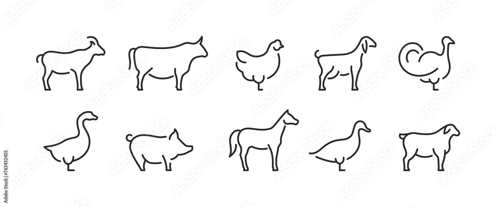 Obraz premium 10 black outline icons: goat, cow, chicken, turkey, goose, pig, horse, duck, sheep on white. For web, mobile, promos, SMM. Agriculture, food, farming, meat. Vector illustration