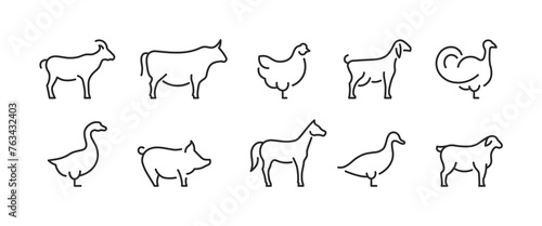 10 black outline icons: goat, cow, chicken, turkey, goose, pig, horse, duck, sheep on white. For web, mobile, promos, SMM. Agriculture, food, farming, meat. Vector illustration