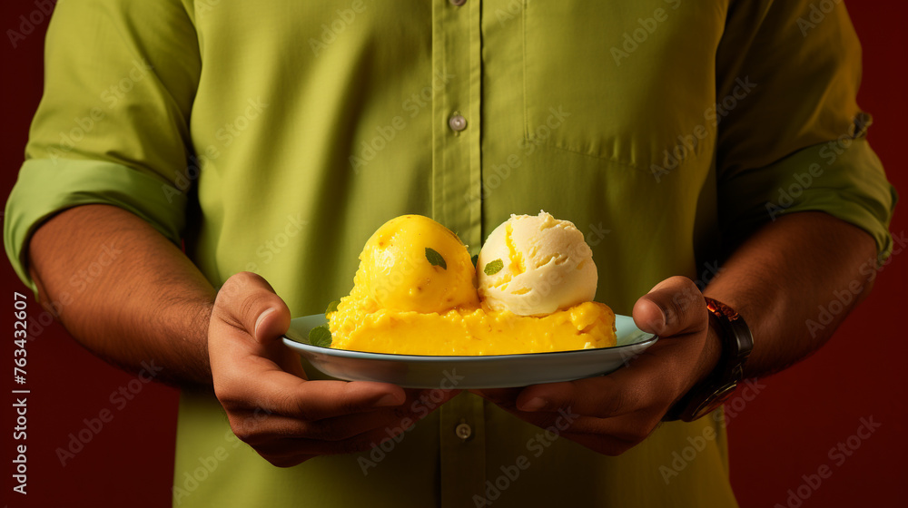 A photograph of a person relishing a plate of mango kulfi on a warm yellow background, showcasing classic Indian desserts.
