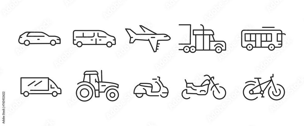 This is a set of 10 black outline icons representing various modes of transportation such as a car, bus, airplane, ambulance, bicycle, and tractor. The vector illustrations for web, mobile, and SMM.