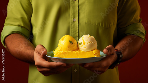 Obraz na płótnie A photograph of a person relishing a plate of mango kulfi on a warm yellow background, showcasing classic Indian desserts. w salonie