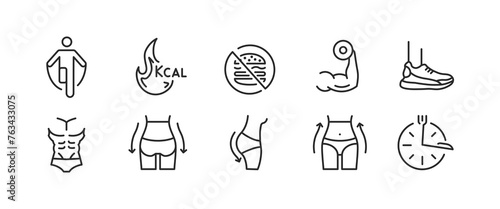 10 black outline icons for gym, fitness and exercise activities.Pictograms for rope jumping, healthy diet, athletic shoes, and muscle training. White background. Vector format.For web, mobile, promos.