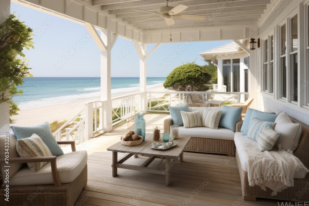Fototapeta premium Beach house tranquility with inviting seating on the porch