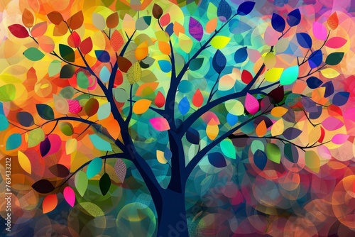 Fototapeta Naklejka Na Ścianę i Meble -  Colorful tree with leaves on hanging branches illustration background. 3d abstraction wallpaper . Floral tree with multicolor leaves