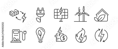 10 green energy icons: powerhouse, flower charger, solar panels, wind turbines, eco home, EV charger, leaf bulb, dollar power, power signs. For web, mobile, promo. Renewable energy.Vector illustration