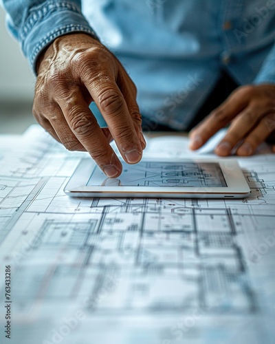 Architectural Blueprint Interaction Person reviewing digital architectural blueprints on a tablet, indicating technology in design work, photographic style