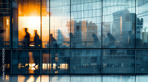 Office workers. Mirror glass building. Office workers  business people  work. Illustration of a working day of office employees in a building. 