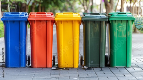 Trash cans for garbage separation, collection of waste bins of different types of garbage recycling photo