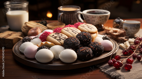 A  photograph of a traditional Chinese dessert platter, featuring sweet treats like red bean buns and sesame balls.