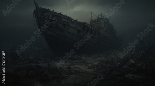 A haunting image of an abandoned shipwreck surrounded by a sea of plastic garbage, evoking a sense of loss and destruction, cinematic, unreal engine, manhwa, wonderland