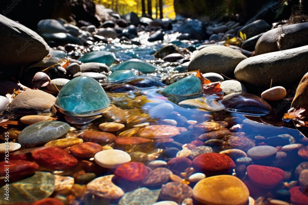 Crystal-clear stream flowing over colorful pebbles in a forest
