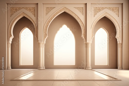 Empty room with arches and windows. Elegant mosque background