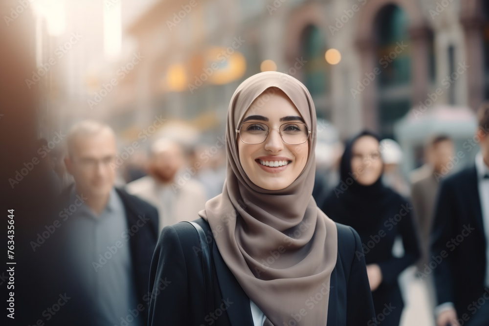A young Muslim woman with her head covered stands in busy street among crowd. A young Muslim woman with her head covered stands in busy street among crowd.