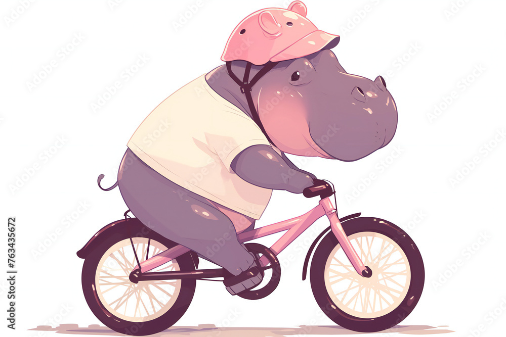 cute hippo riding a bike, cartoon, sport, happy, rhino, hippopotamus