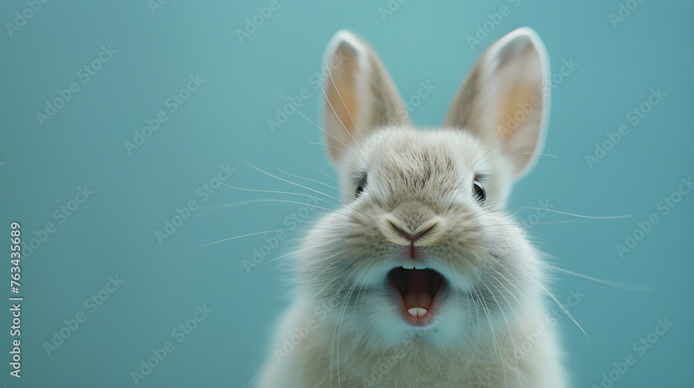 Obraz premium Cute white rabbit pet smiling and laughing, perfect for Easter background or animal pet concept.