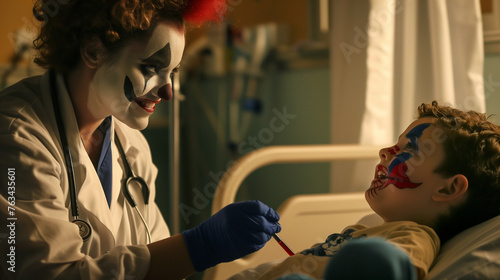 In a hospital room, a joyous child patient receives care from a doctor dressed as a clown, embodying the Patch Adams philosophy of healing with humor. photo