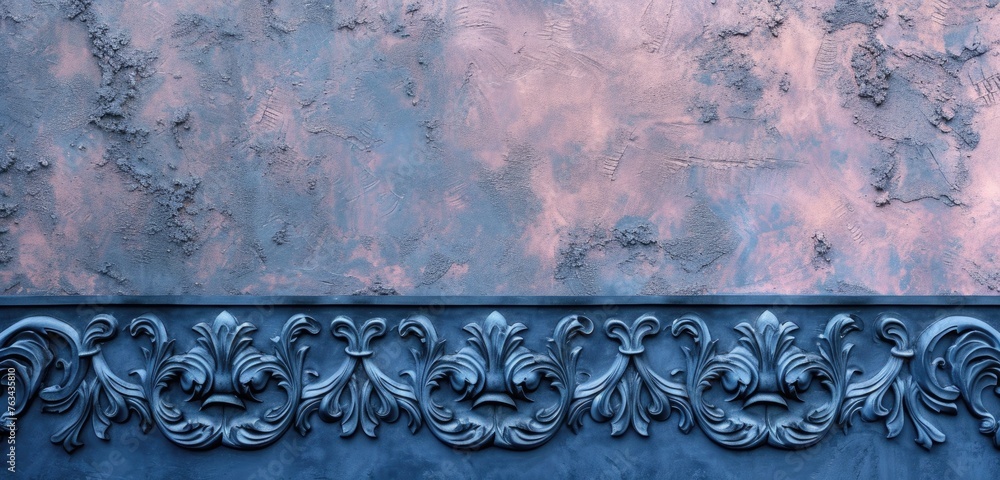 Navy blue stucco wall with intricate relief, abstract design. Wide angle, rough texture. Rose pink background.