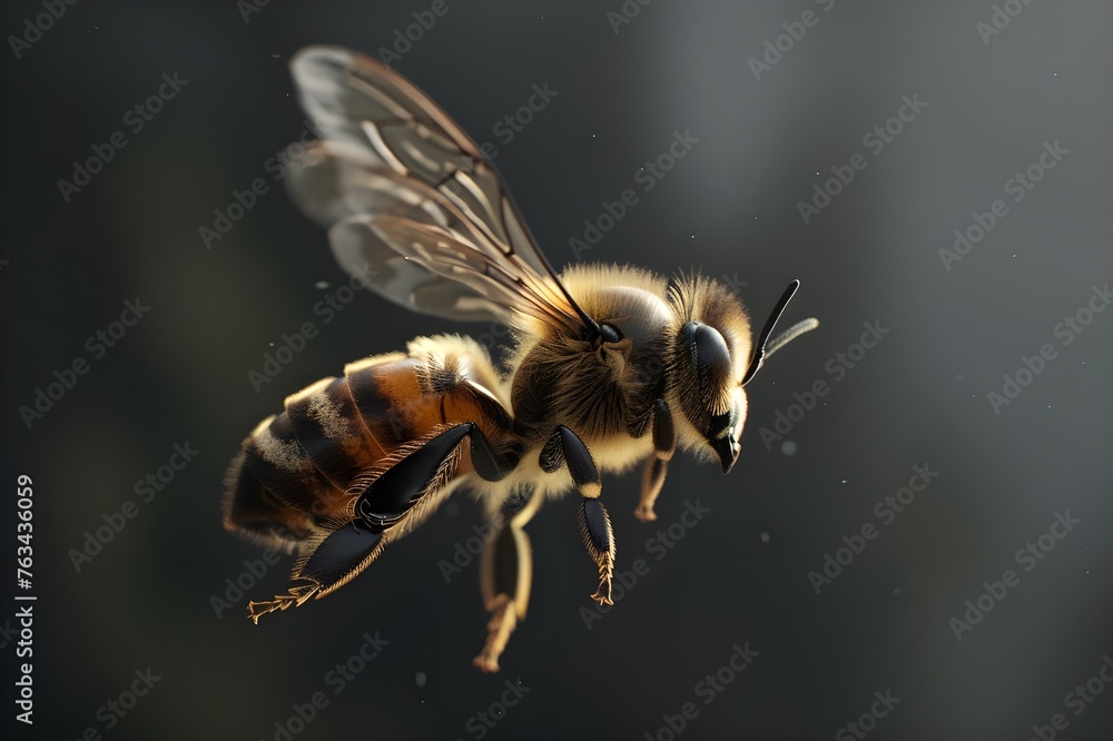 A honeybee is seen in this incredibly close-up hovering over a flower, displaying its fuzzy body and transparent wings in flight. The bee is seen resting on a background cutout during the day. 



 - obrazy, fototapety, plakaty 
